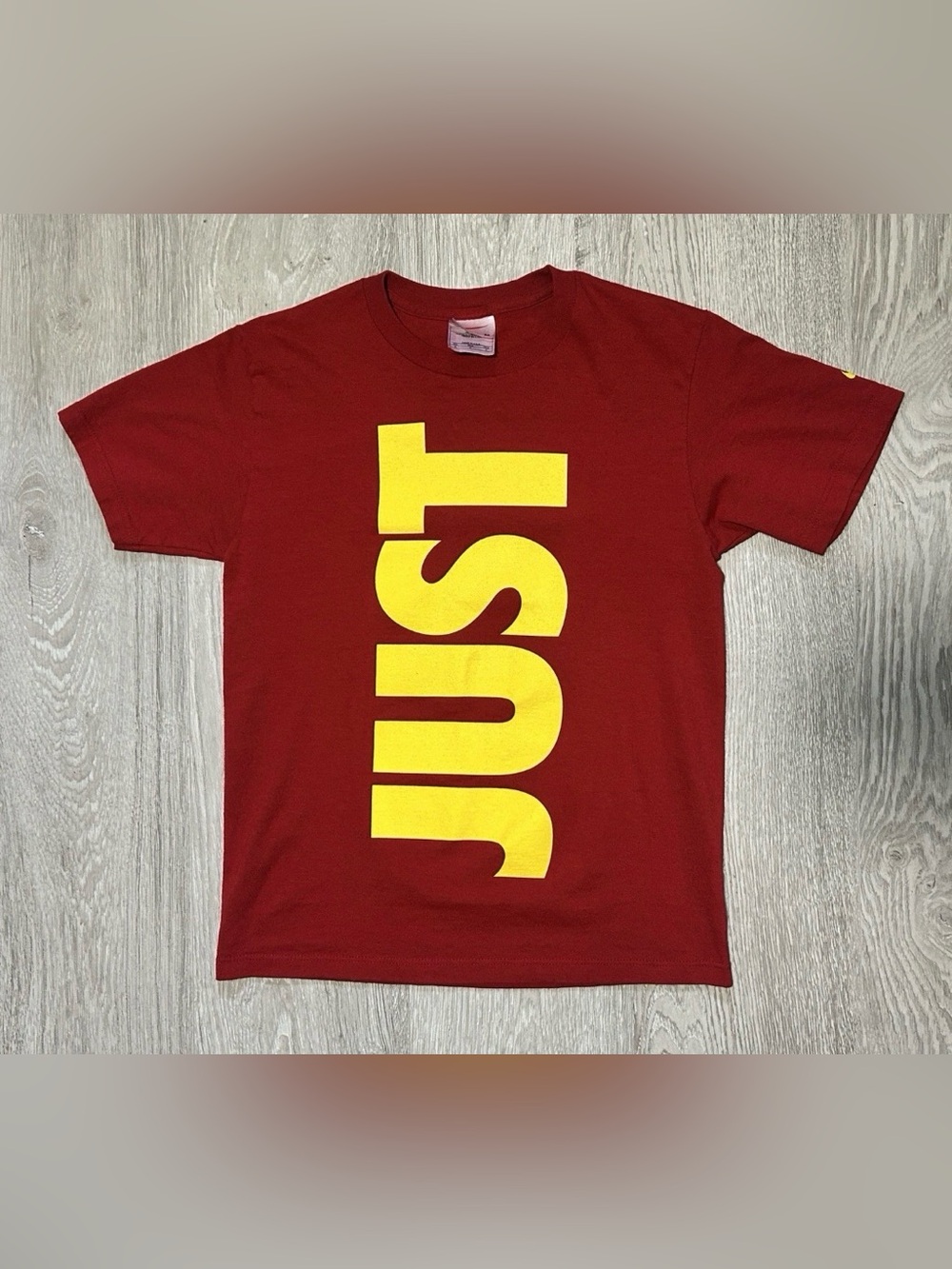 Vintage Nike Red Men's Graphic Tee with Bold Yellow 'JUST DO IT' Print
